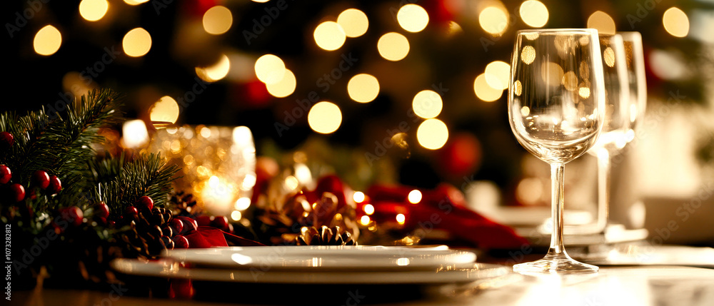 A beautifully decorated dining table set for a festive occasion with elegant glassware, plates, and a backdrop of glowing Christmas lights. A beautifully decorated dining table set for a festive occasion with elegant glassware, plates, and a backdrop of glowing Christmas lights.