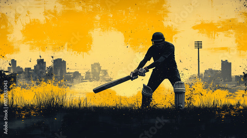 silhouette of cricket batsman in action watercolor background on yellow
