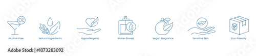 Vector Icons Representing Alcohol-Free, Natural Ingredients, Hypoallergenic, Water-Based, Vegan-Friendly, Sensitive Skin, and Eco-Friendly Fragrances