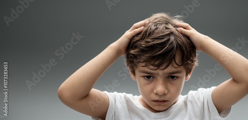 Distressed young boy clutching head in stress against a colorful abstract background.