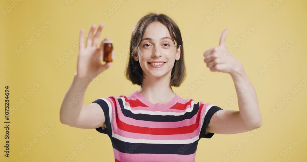 Young woman smiling and showing a small brown pill bottle in a bright setting Young woman smiling and showing a small brown pill bottle in a bright setting