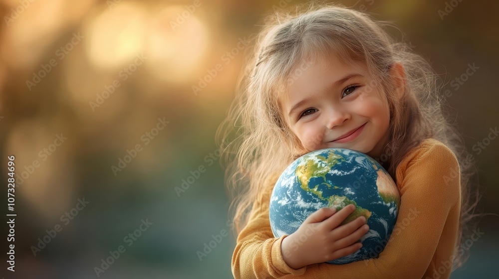 A young girl smiles as she holds a globe. This image depicts the importance of protecting our planet and is perfect for environmental campaigns. A young girl smiles as she holds a globe. This image depicts the importance of protecting our planet and is perfect for environmental campaigns.