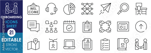 A set of line icons related to Onboarding. Welcome, chat, map, desk service, pie chart, paper plane, presentation, certificate, checklist, and so on. Vector editable stroke.
