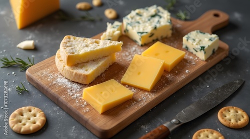 A wooden board with sliced ​​hard cheese, pieces of blue cheese, cheddar cheese and a cracker nearby stands on a graphite colored table.