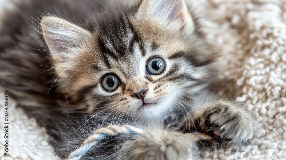 Adorable fluffy kitten with captivating blue eyes playing with a string on a cozy surface, showcasing its playful and curious nature in a warm setting. Adorable fluffy kitten with captivating blue eyes playing with a string on a cozy surface, showcasing its playful and curious nature in a warm setting.