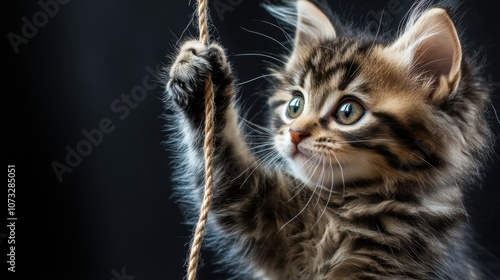 Adorable Tabby Kitten Playfully Climbing a Twine Rope with Curious Green Eyes and Fluffy Fur in a Studio Setting with Dark Background