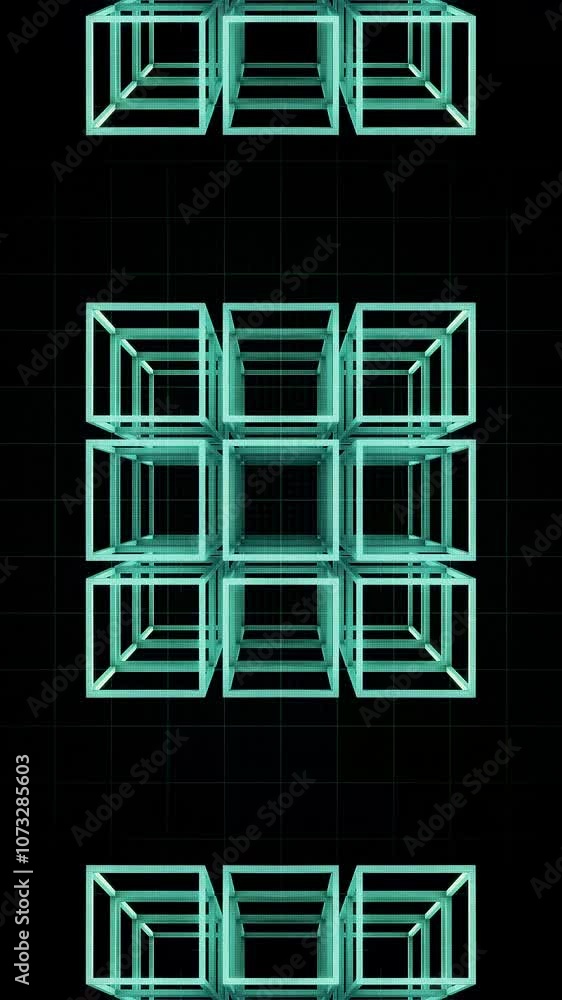 Spinning 3D geometric shapes that change formation over a grid style background. Spinning 3D geometric shapes that change formation over a grid style background.