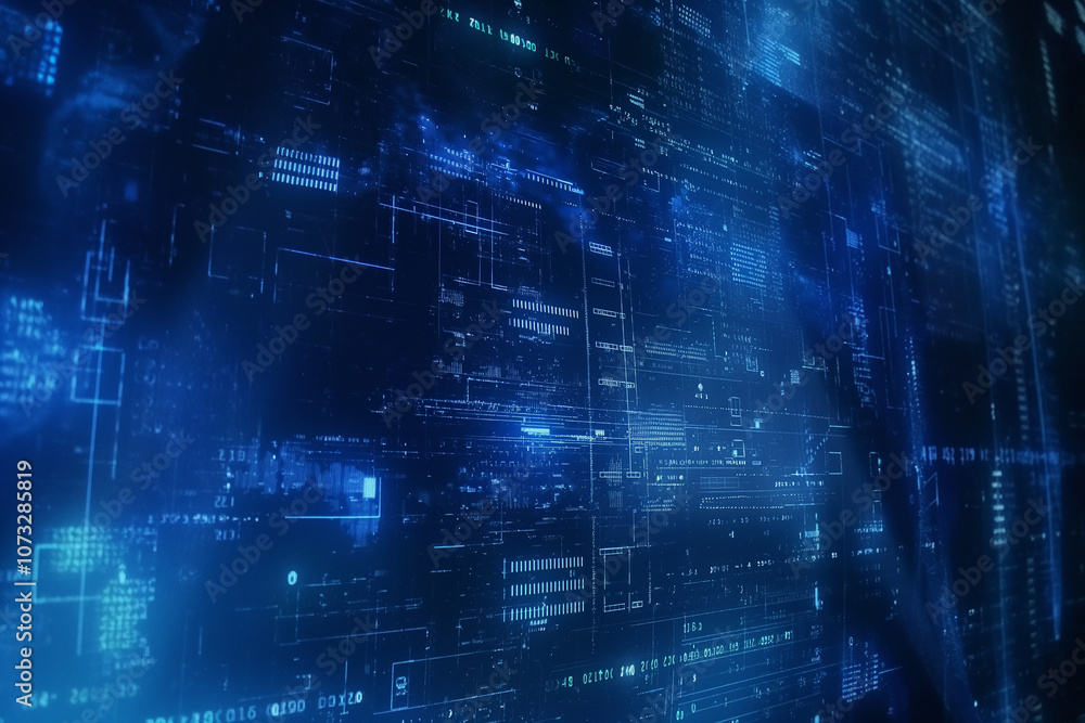 Obraz premium Holographic digital interface with layers of code, data graphs, and cyber security symbols, floating in a deep blue cyber space. futuristic tech background wallpaper 