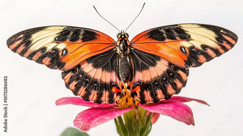 Obraz premium Close-Up of a Vibrant Butterfly Resting on a Colorful Flower with Detailed Patterns and Stunning Colors Captured in High Resolution