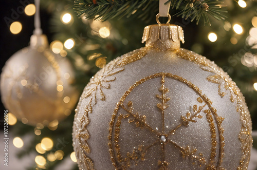 2025. Happy New Year. Gold, silver, Christmas tree, snowflakes, Christmas tree toys