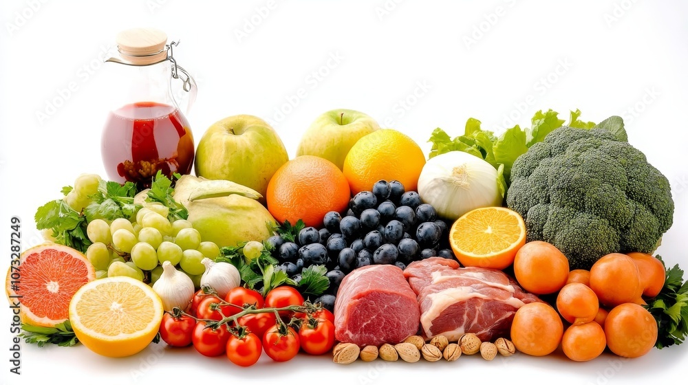 Fresh Ingredients for a Healthy Diet Vegetables, Fruits, Nuts, and Meat on White Background Fresh Ingredients for a Healthy Diet Vegetables, Fruits, Nuts, and Meat on White Background