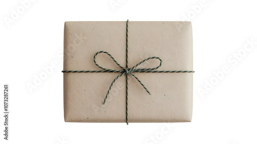 A simple rectangular gift box wrapped in natural kraft paper, tied with a decorative green twine or string in a loose bow. PNG background.