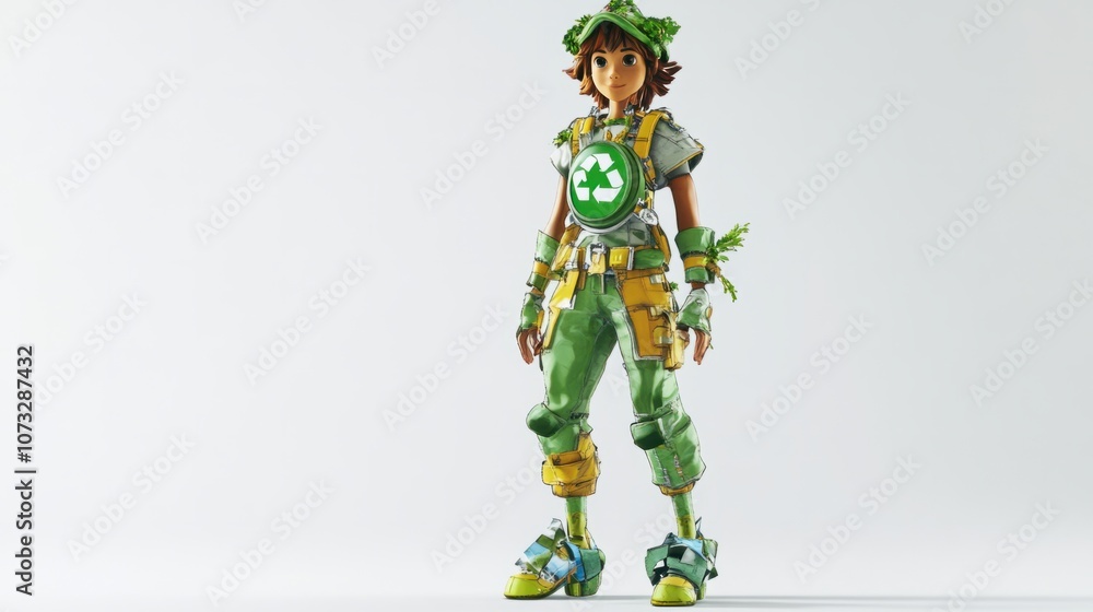 character in eco-warrior outfit with recycling symbol, isolated on white background character in eco-warrior outfit with recycling symbol, isolated on white background