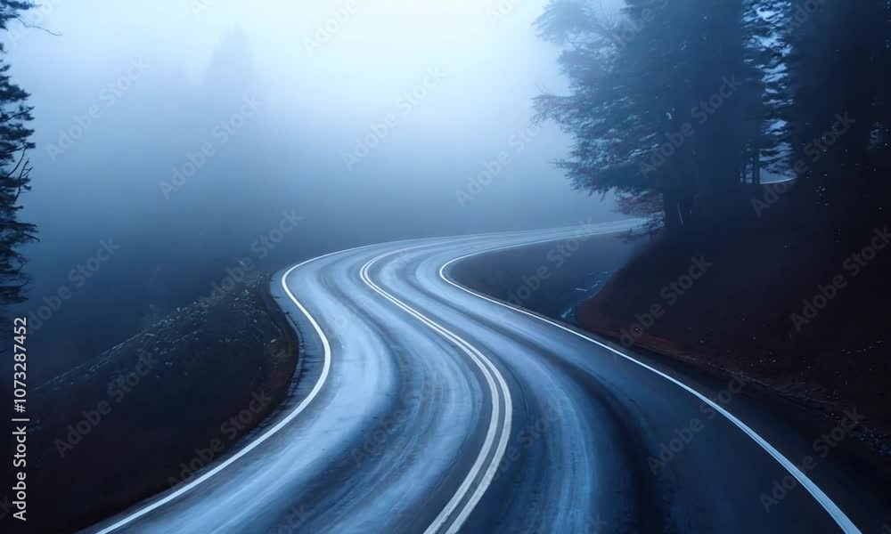 Serene Curved Road in Misty Forest at Dawn with Mysterious Atmosphere and Soft Blue Lighting Serene Curved Road in Misty Forest at Dawn with Mysterious Atmosphere and Soft Blue Lighting