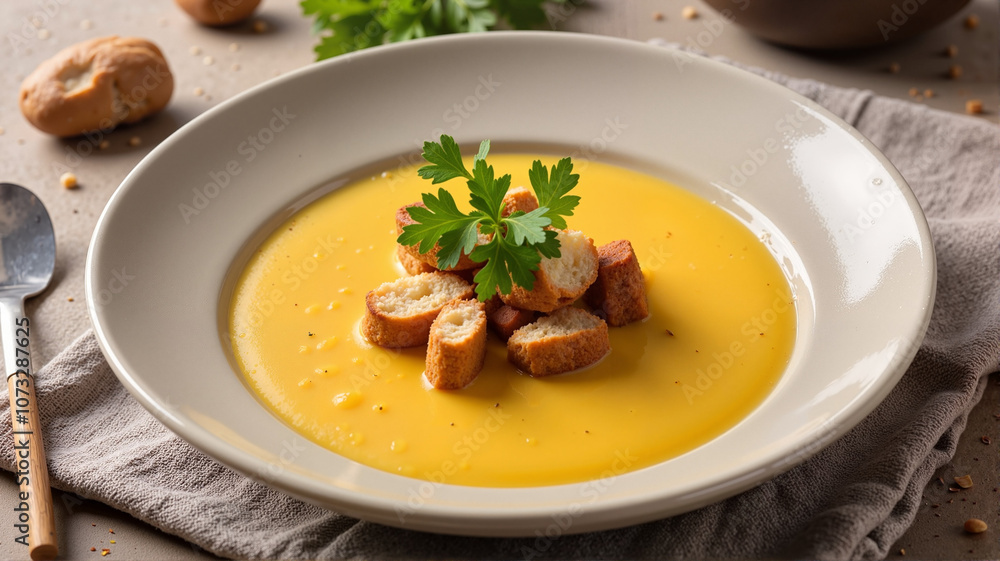 Creamy soup with sausages and herbs in bowl Creamy soup with sausages and herbs in bowl