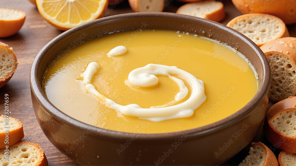 Creamy soup topped with swirl of cream in brown bowl Creamy soup topped with swirl of cream in brown bowl