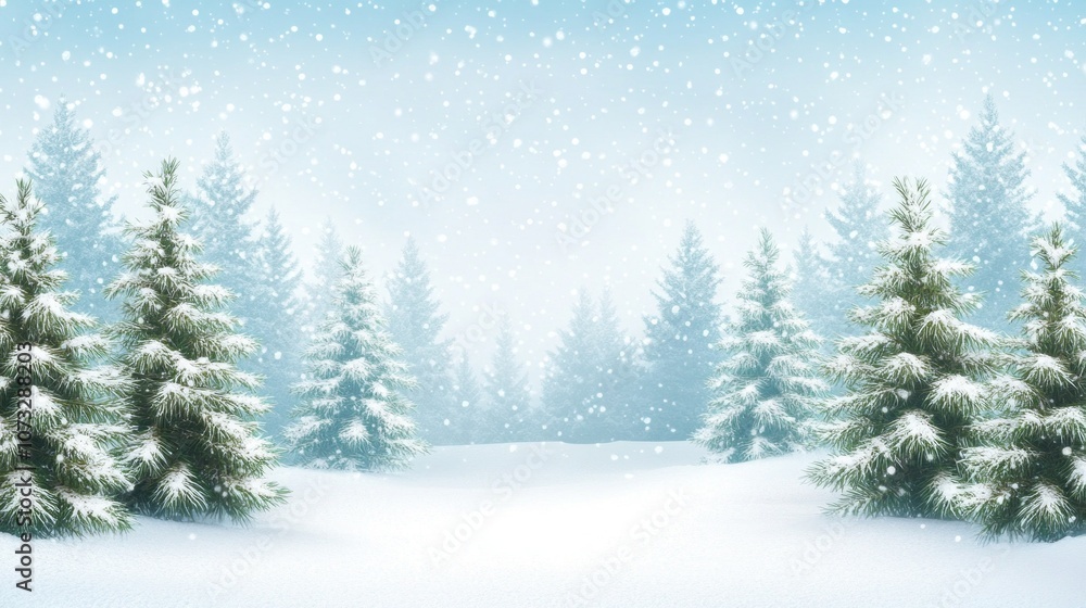 Fototapeta premium A snowy landscape with pine trees and a blue sky