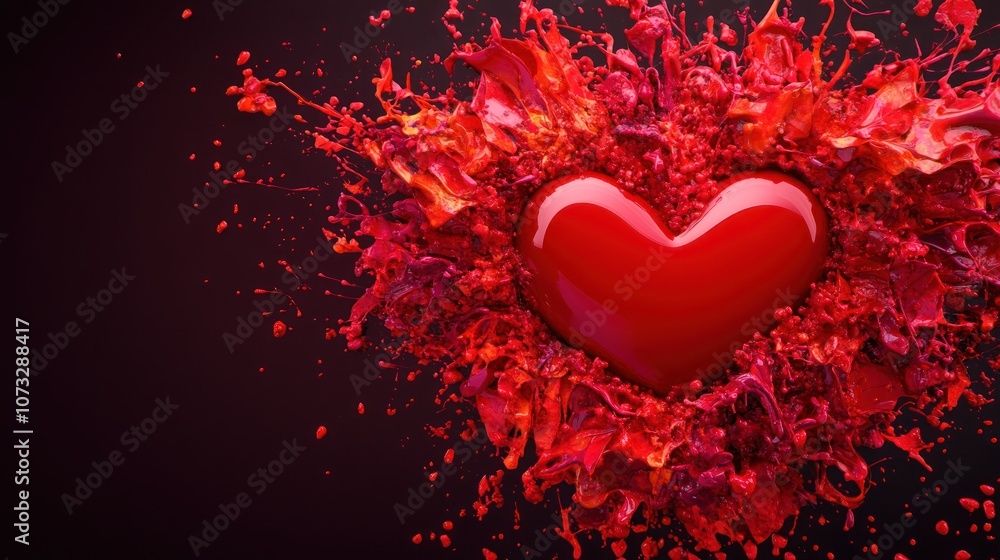 A vibrant red heart surrounded by splashes of red, creating a striking visual representation of love and passion against a dark background. A vibrant red heart surrounded by splashes of red, creating a striking visual representation of love and passion against a dark background.