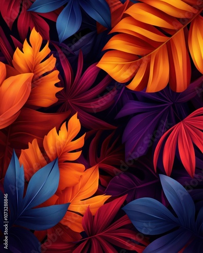 Wallpaper Mural A vibrant arrangement of colorful leaves in shades of orange, purple, and blue, creating a lush and tropical aesthetic. Torontodigital.ca