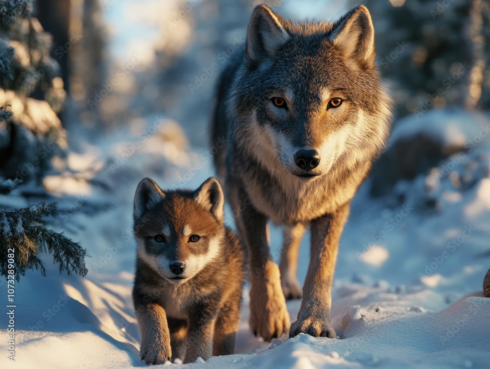 Mother Wolf and Cub on a Snowy Path Mother Wolf and Cub on a Snowy Path