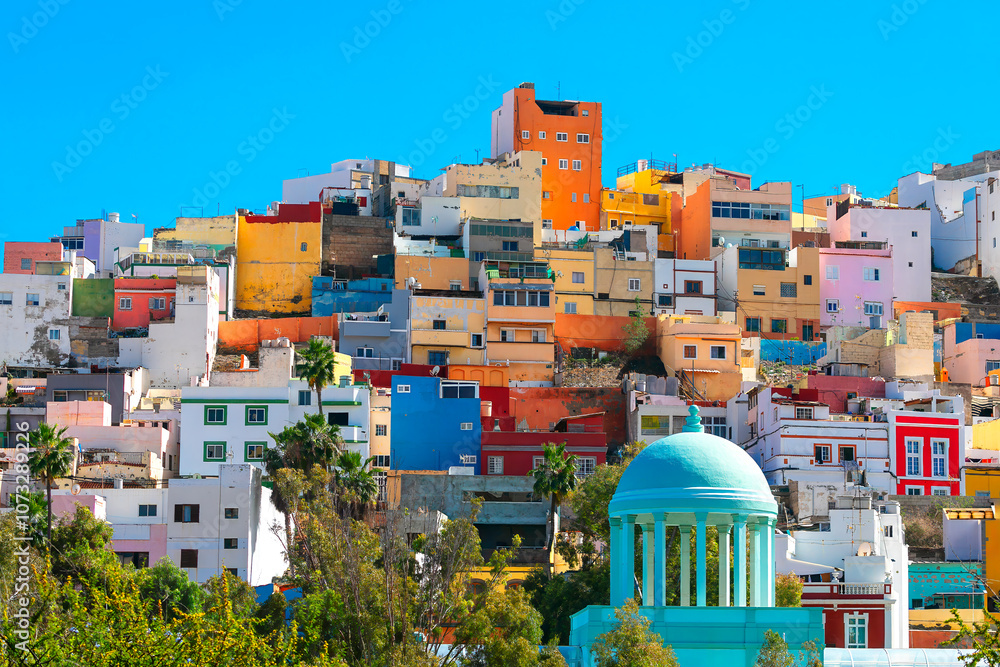 Colorful houses of Las Palmas from Gran Canaria, Canary Islands. Vibrant, multi-colored building showcasing a mix of bright hues and unique architectural design