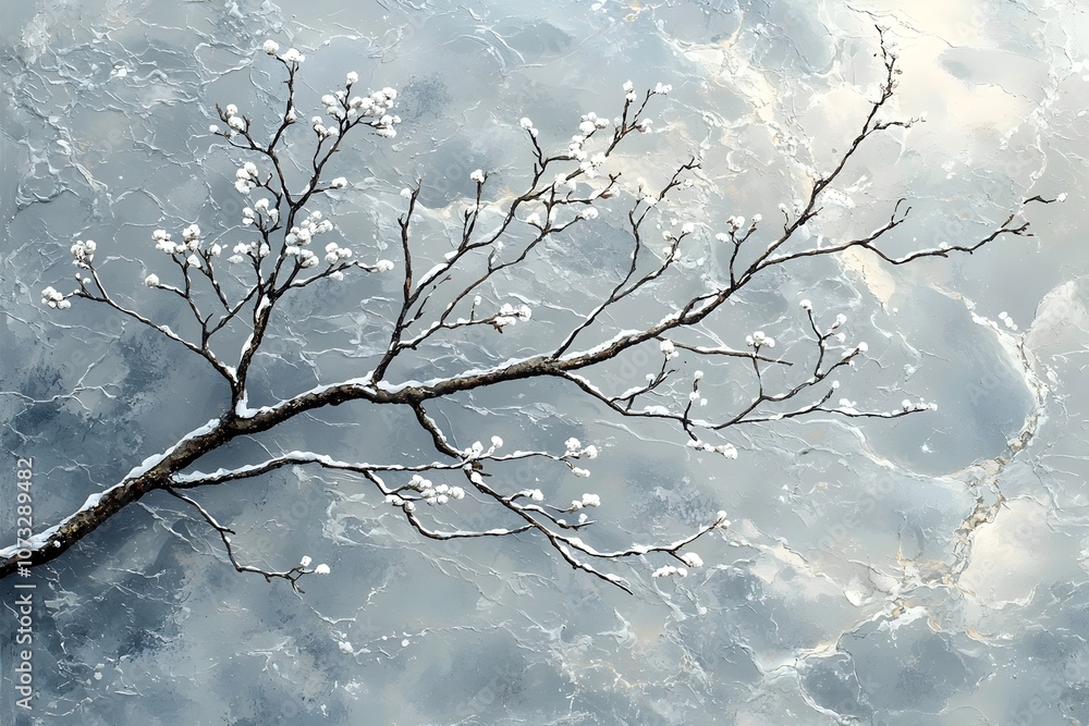Obraz premium A serene winter scene featuring a delicate branch with snow-covered buds against a soft, icy blue background, evoking a peaceful, tranquil atmosphere.