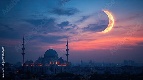 A crescent moon rises over a mosque in a city skyline at dusk. photo