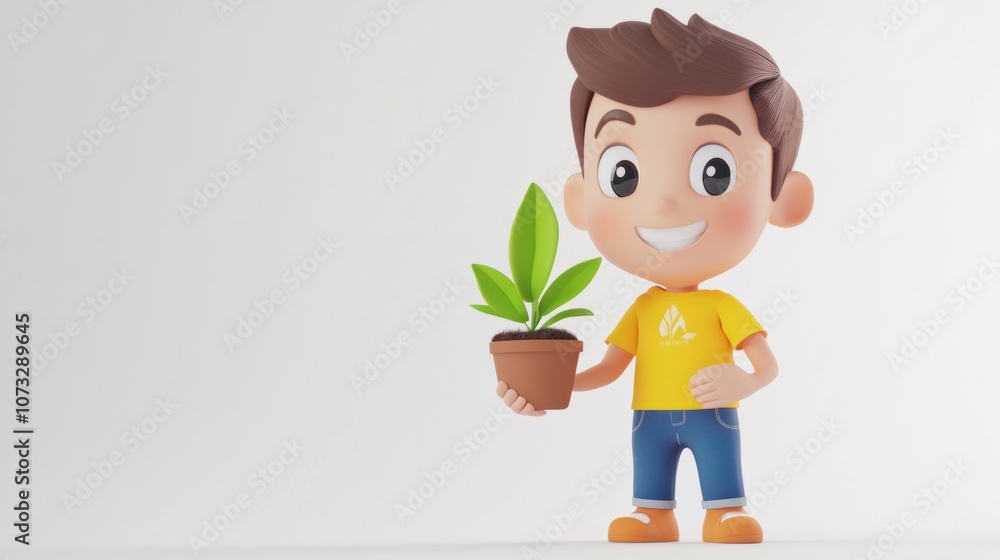 Friendly character holding a plant, promoting nature conservation, isolated on white Friendly character holding a plant, promoting nature conservation, isolated on white