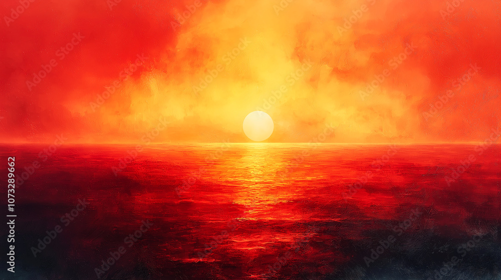 Vibrant sunset over the ocean with a large sun near the horizon and a fiery sky reflected in the water Vibrant sunset over the ocean with a large sun near the horizon and a fiery sky reflected in the water