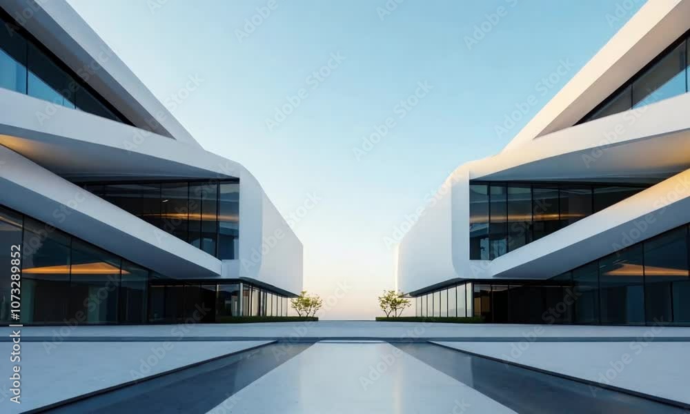 Modern Minimalist Architecture with Sleek Glass and Concrete Design in a Symmetrical Layout Modern Minimalist Architecture with Sleek Glass and Concrete Design in a Symmetrical Layout