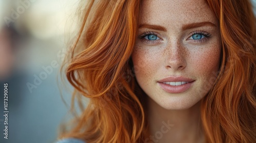 Portrait of woman with red hair and freckles, serene expression, close-up beauty, natural features, vibrant red hair, glowing skin, peaceful gaze