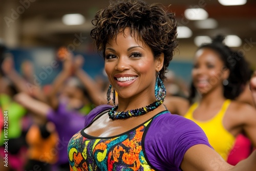 A group doing a high-energy Zumba class, moving to the beat with colorful attire and lively atmosphere