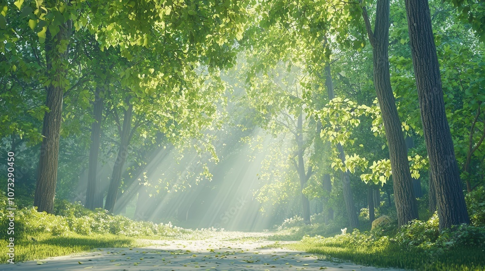 Tranquil forest scene with sunlit pathway, leaves softly glowing, symbolizing peace and mindfulness Tranquil forest scene with sunlit pathway, leaves softly glowing, symbolizing peace and mindfulness