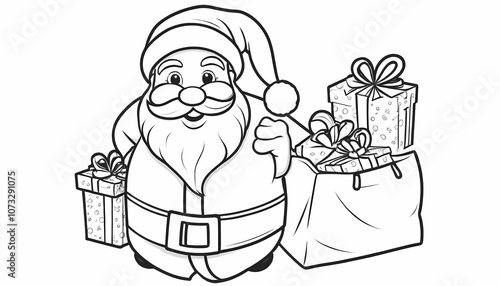 Cheerful Santa Claus with a sack of colorful gifts standing against a light background, New Year