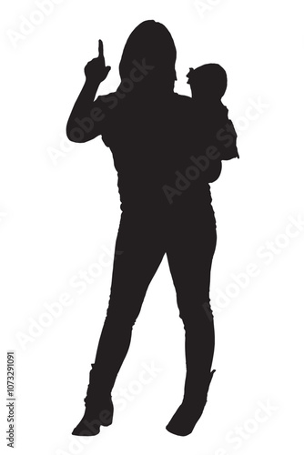 Silhouette of a standing woman with a child in her arms isolated on white background. Vector illustration