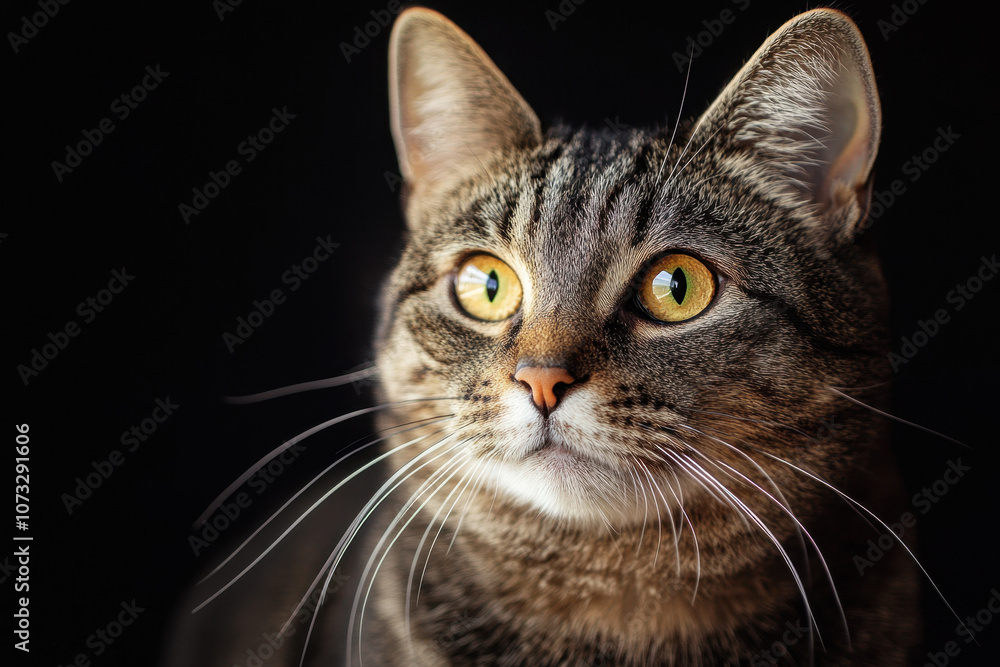 Close-up of a tabby cat with striking golden eyes against a dark background, showcasing its attentive and curious expression. Close-up of a tabby cat with striking golden eyes against a dark background, showcasing its attentive and curious expression.