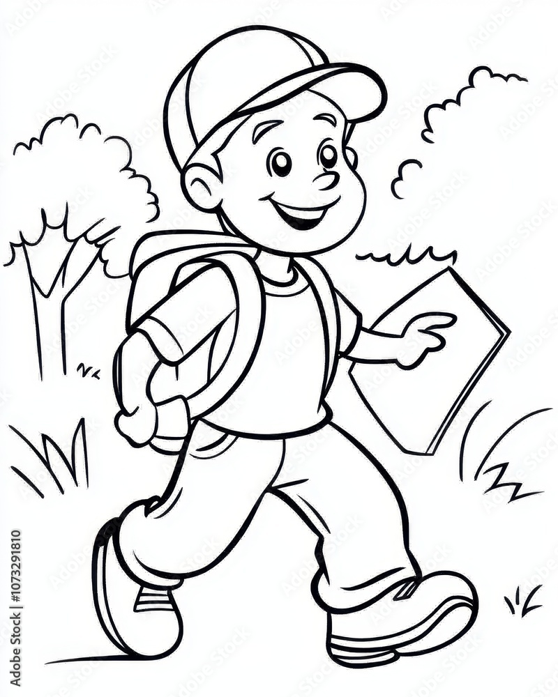 A Cheerful Young Boy Exploring Nature With a Backpack and a Drawing Pad During a Sunny Day A Cheerful Young Boy Exploring Nature With a Backpack and a Drawing Pad During a Sunny Day