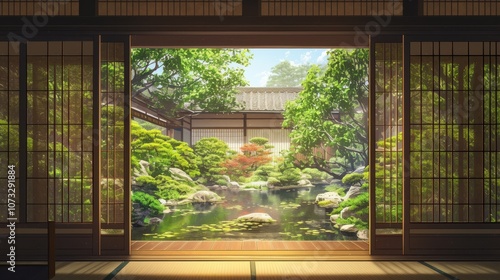 A serene Japanese garden view framed by sliding doors, showcasing lush greenery and tranquil water features.