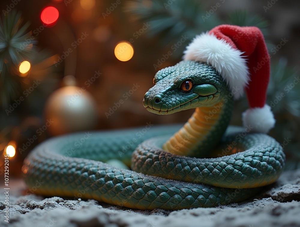 Christmass new year green snake background. Santa hat on a bright green snake, festive symbol of the 2025 new year in the Chinese horoscope. Christmass new year green snake background. Santa hat on a bright green snake, festive symbol of the 2025 new year in the Chinese horoscope.