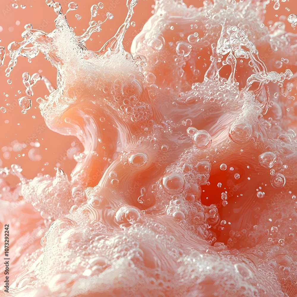 Fototapeta premium An abstract close-up of a vibrant pink bubble texture, showcasing dynamic water splashes, creating a lively and refreshing atmosphere filled with energy.