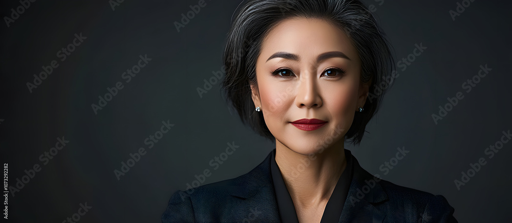 Mature attractive Asian businesswoman in front of a gray background. with copy space image. Place for adding text or design Mature attractive Asian businesswoman in front of a gray background. with copy space image. Place for adding text or design