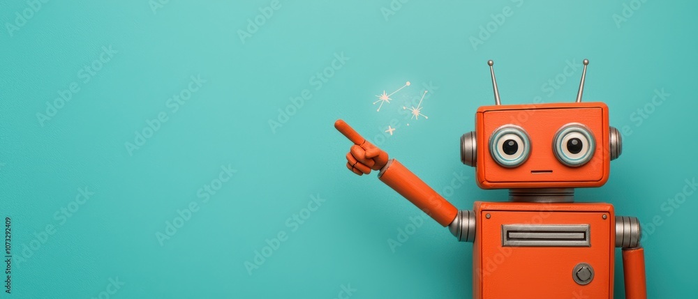 Fototapeta premium A cheerful orange robot points playfully against a vibrant turquoise background, showcasing creativity and fun.
