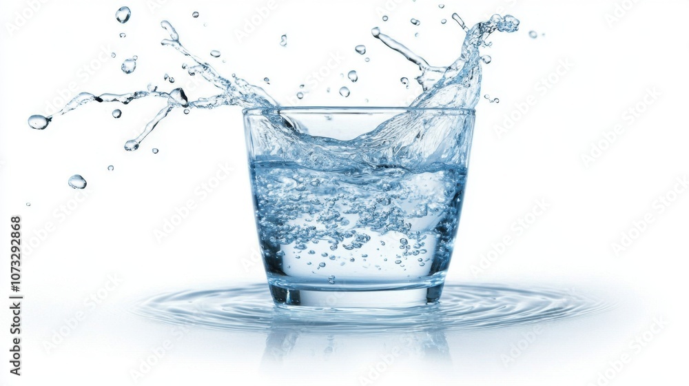 High-detail capture of water splashing out of a glass, clear droplets isolated on white background High-detail capture of water splashing out of a glass, clear droplets isolated on white background