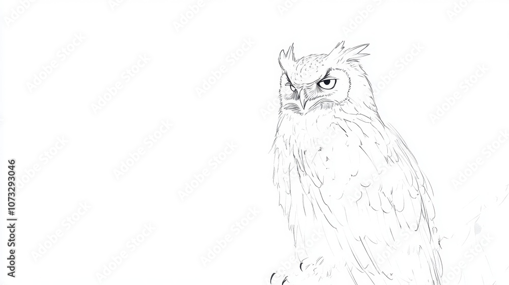 Obraz premium Detailed line art of an owl perched, intricate feathers and wise gaze drawn on white