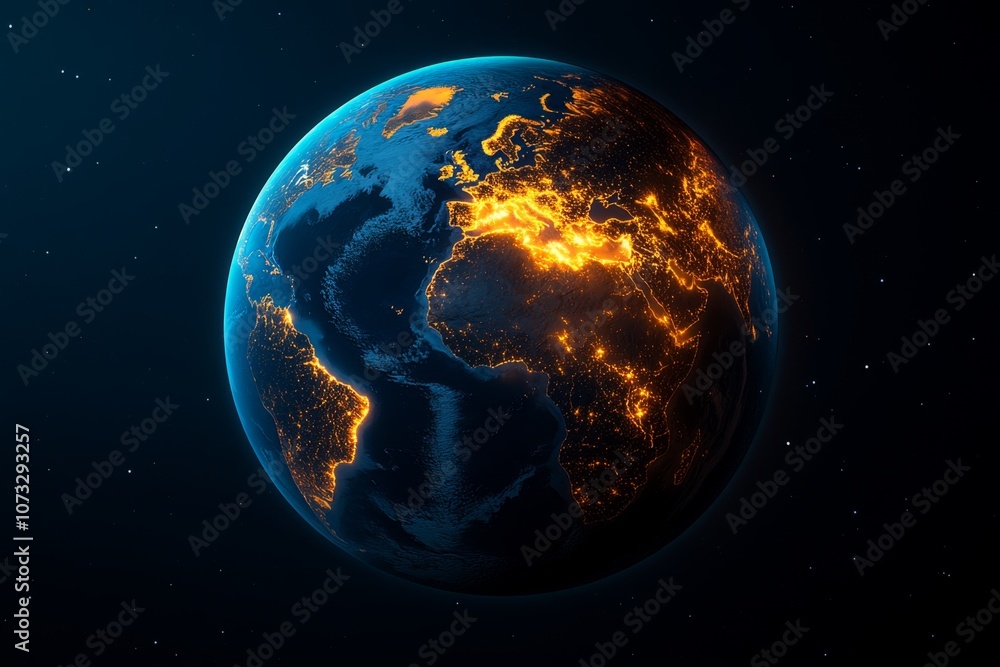 A view of Earth from space, with clouds and continents illuminated by sunlight A view of Earth from space, with clouds and continents illuminated by sunlight