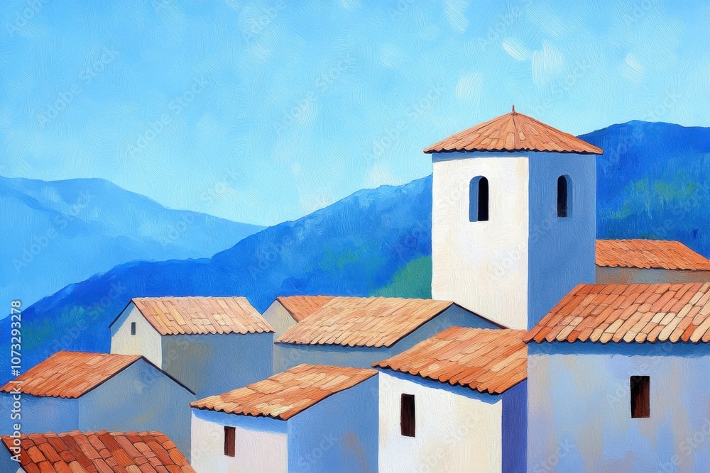 A Serene Medieval Village Nestled Under a Calm Sky With Picturesque Rooftops and Lush Hills A Serene Medieval Village Nestled Under a Calm Sky With Picturesque Rooftops and Lush Hills