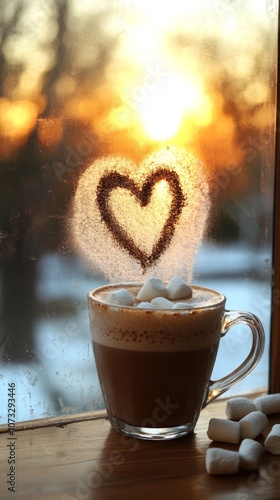Stock photography of a fogged-up window with a heart drawn by a finger, a cup of hot chocolate with marshmallows in the foreground, space for text to the right