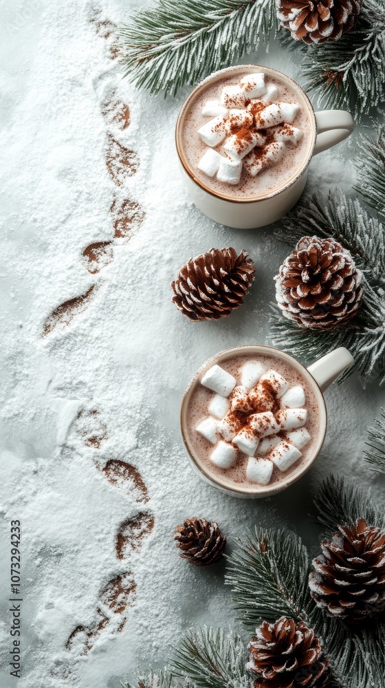 Stock photo of hot cocoa with marshmallows surrounded by pine branches and pinecones, deer tracks in the snow, space for text on the left Stock photo of hot cocoa with marshmallows surrounded by pine branches and pinecones, deer tracks in the snow, space for text on the left