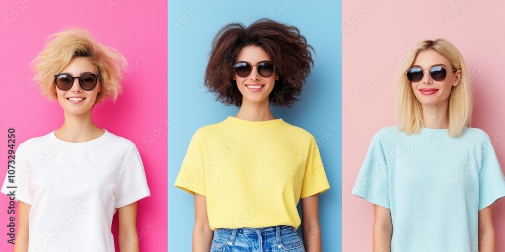 Three women are standing in front of a pink wall, each wearing a different colored shirt. They are all smiling and wearing sunglasses, giving the impression of a fun and carefree atmosphere Three women are standing in front of a pink wall, each wearing a different colored shirt. They are all smiling and wearing sunglasses, giving the impression of a fun and carefree atmosphere