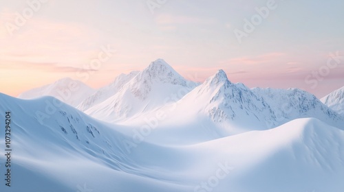 Stylized winter mountain landscape with soft snow-covered peaks, pastel sunrise, clear sky, and gentle slopes, minimalistic design
